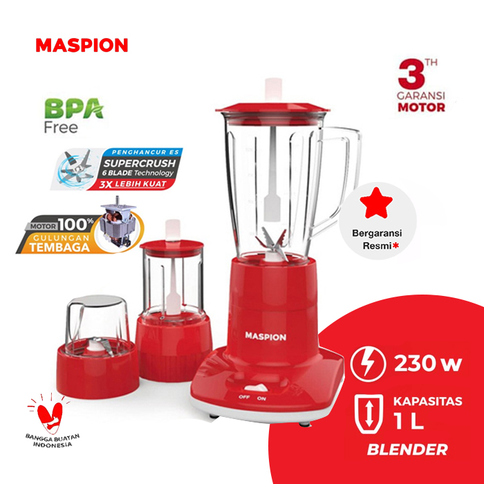 Maspion Blender Gelas Kaca 3in1 1 Liter - MT1263GL | MT-1263 GL - Merah 